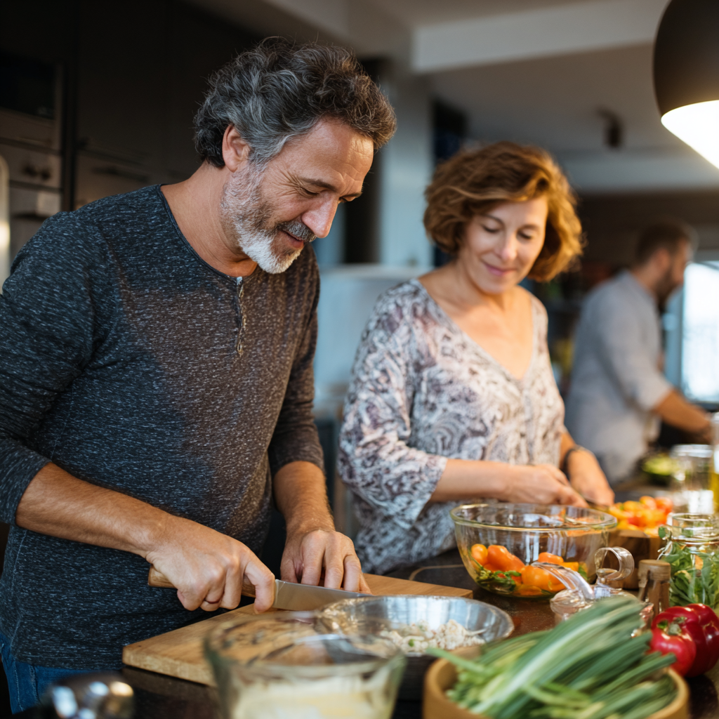 Middle-aged adults preparing healthy meal together in modern kitchen