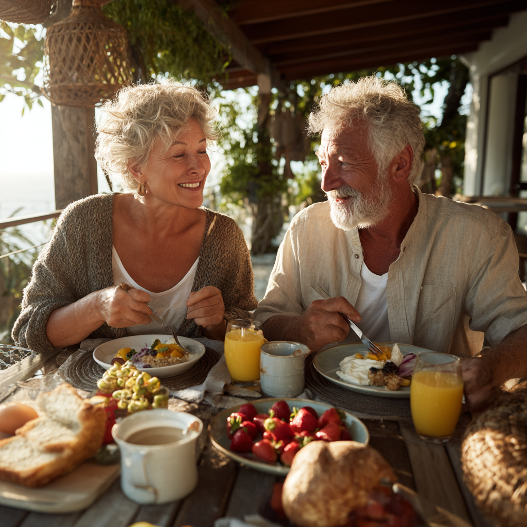 Older adults enjoying nutritious breakfast outdoors with natural lighting